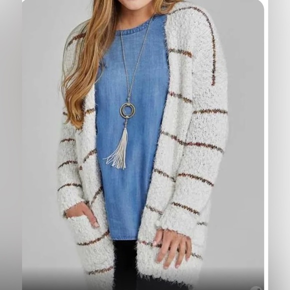 Altar'd State White Striped Eyelash Cardigan Sweater Open Front Pockets Size M/L - Picture 2 of 10
